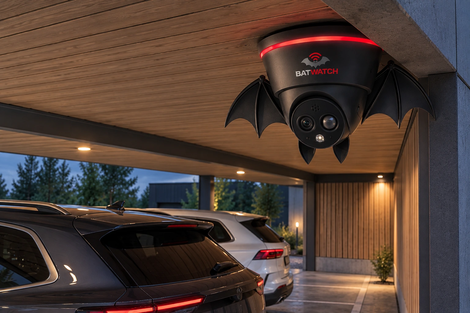 Illustrative BatWatch bat-shaped thermal monitoring camera mounted beneath a carport roof above parked vehicles